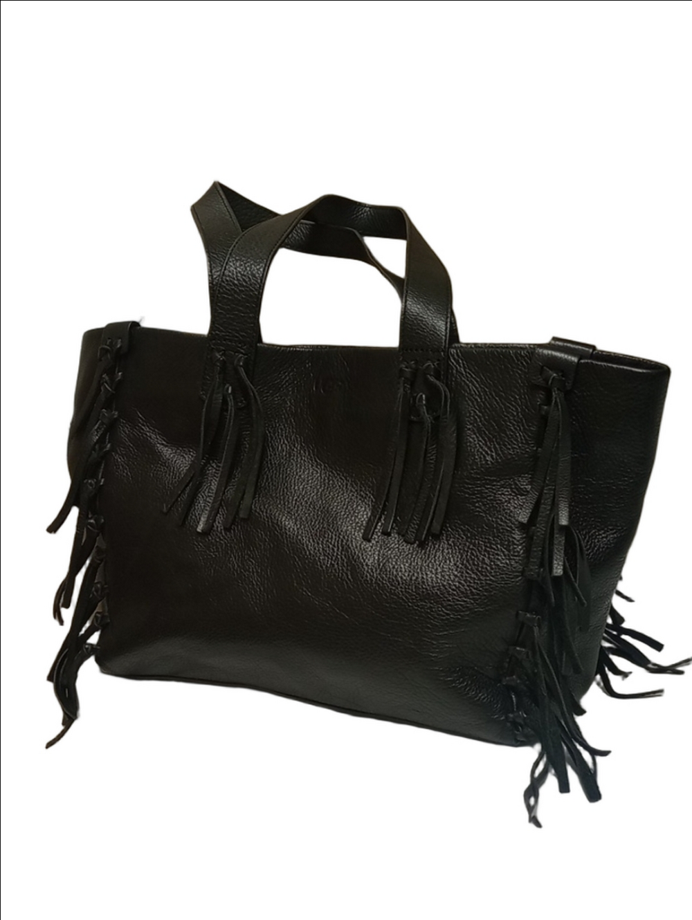 UGG LEA PEBBLED FINE GRADE LEATHER SHOULDER BAG WITH FRINGE AND LINEN LINING